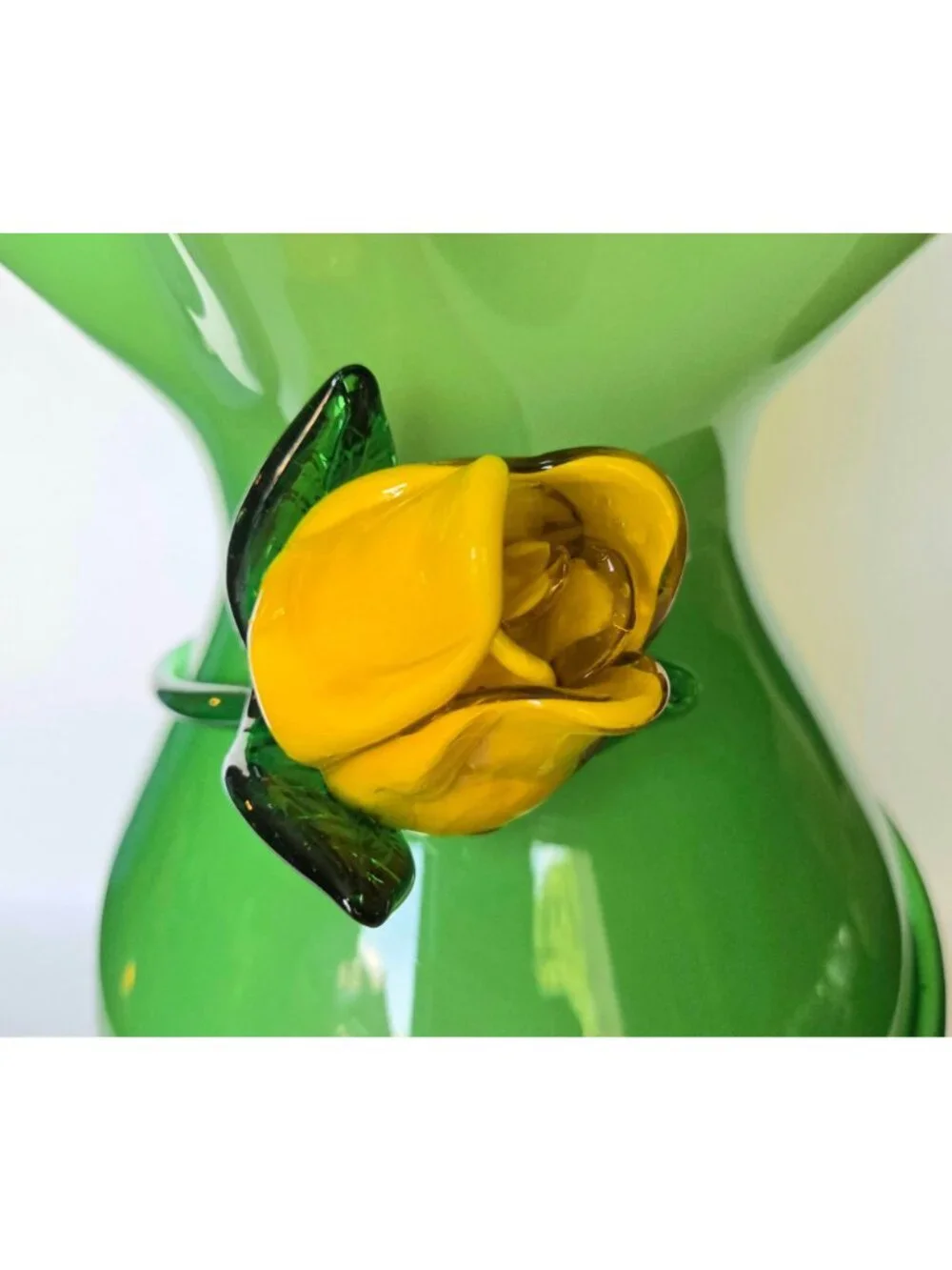 Large Hand-Blown Green Glass Vase With Yellow Flower Rose Accent & Ruffled Rim